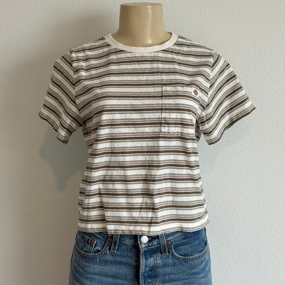 Dickies Tops - Dickies Striped Pocket Tee Skater Girl Brown White Relaxed Fit Boxy Top Gorpcore